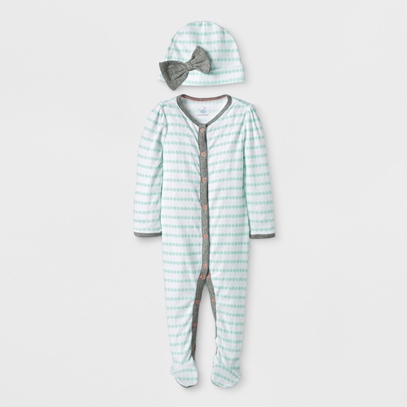 2 Piece Mint Stripe Ruffle Bum Sleeper & Bow Hat - Picture 5 of 6